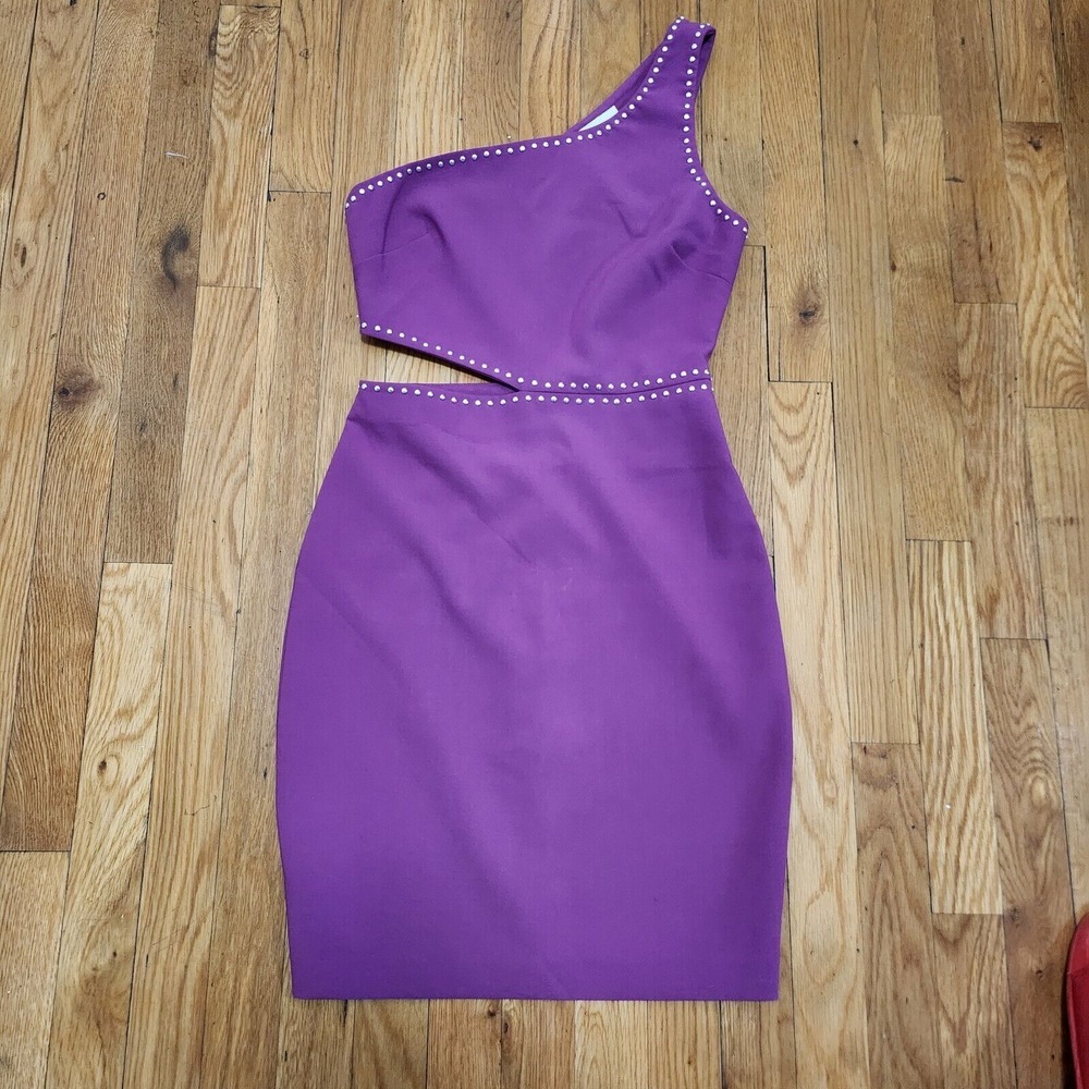 Likely One-Shoulder Purple Cutout Sheath Dress with Stud Trim
